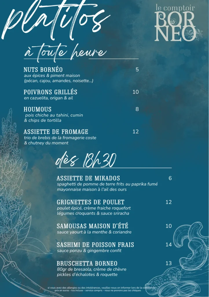 Menu plats à toute heure Comptoir Bornéo