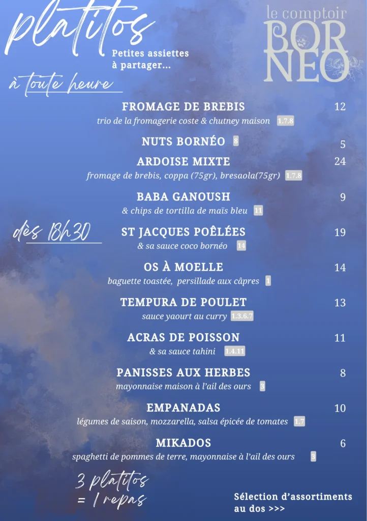 Menu de plats à partager du Comptoir Bornéo