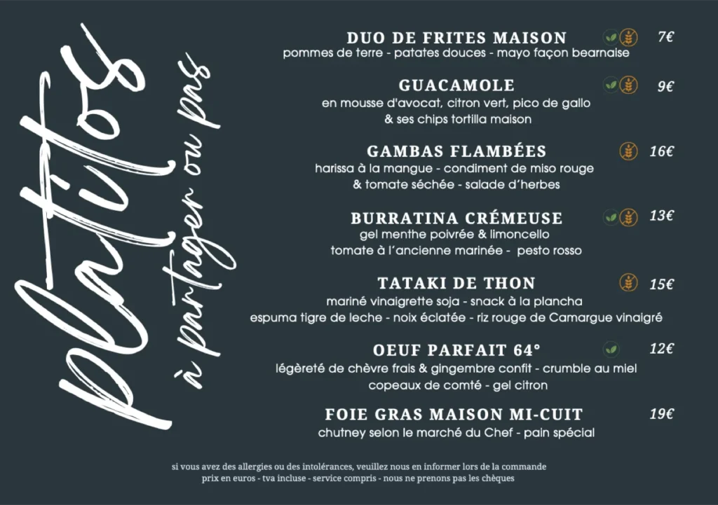 Carte de platitos / tapas au comptoir ou en terrasse pour un moment de partage