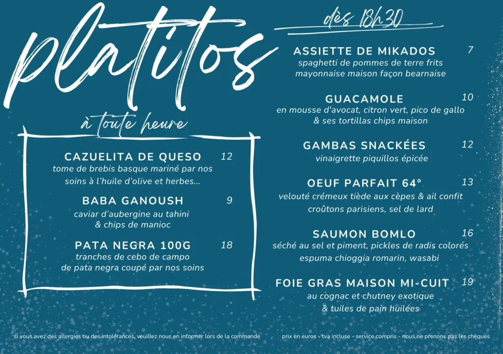 Carte de platitos / tapas au comptoir ou en terrasse pour un moment de partage